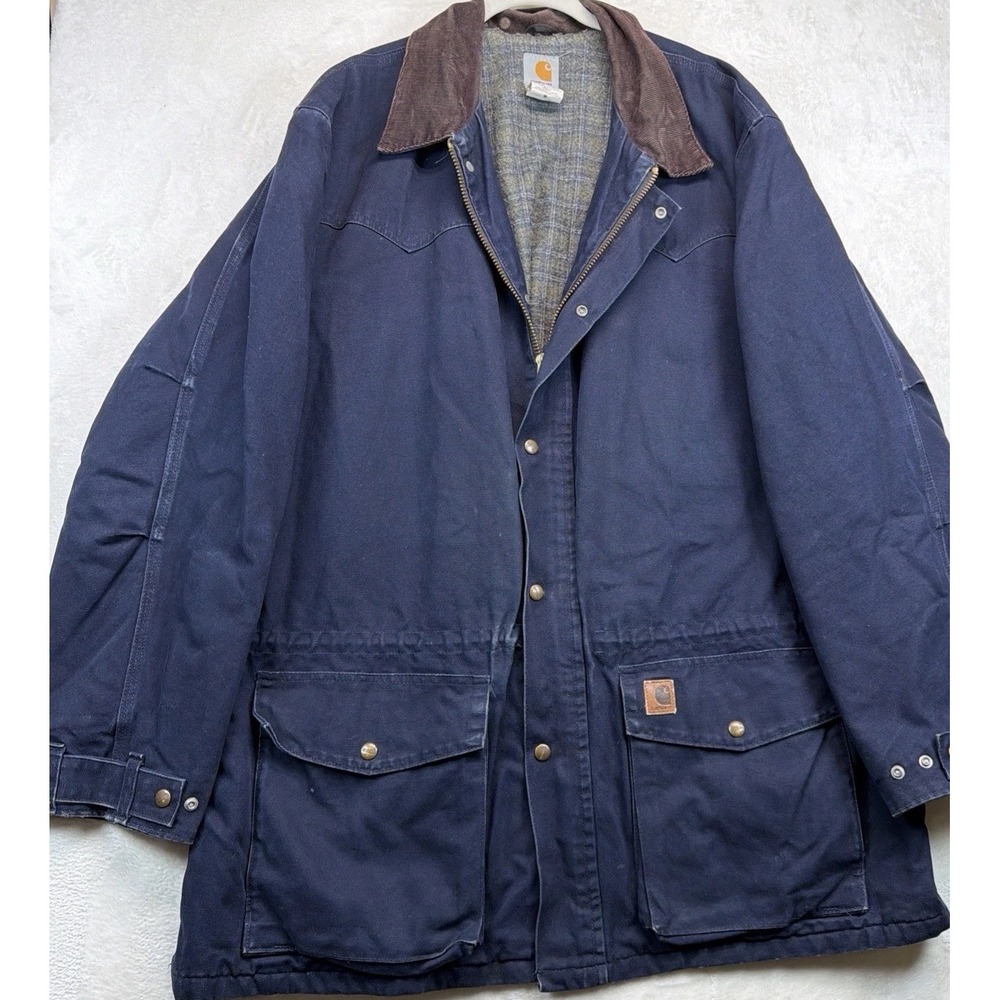 Vintage Carhartt Ranch Coat Mens 2XL Navy Blanket Lined Work Jacket C52 MDT
